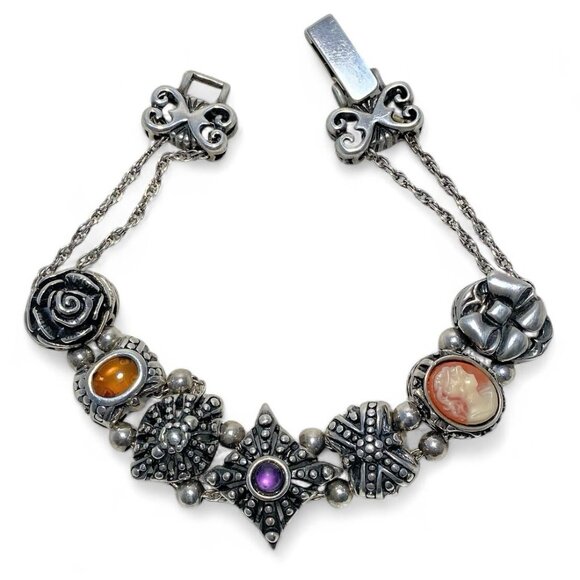 Vintage Victorian Sterling Silver Revival Slide Charm Bracelet w/ Travel Bag - Picture 3 of 9